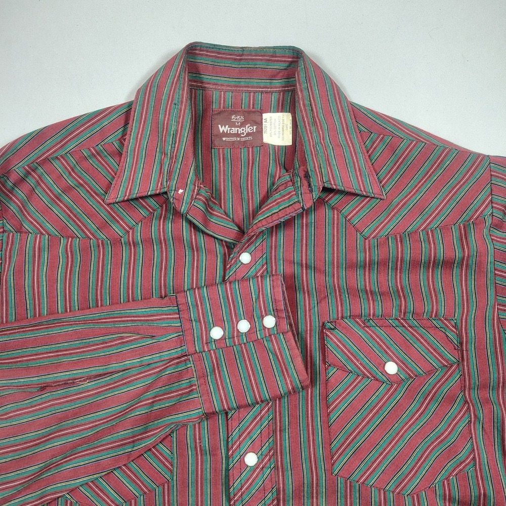 Wrangler vintage Western Shirt Men M Red Green Striped Pearl Snap Cotton Blend